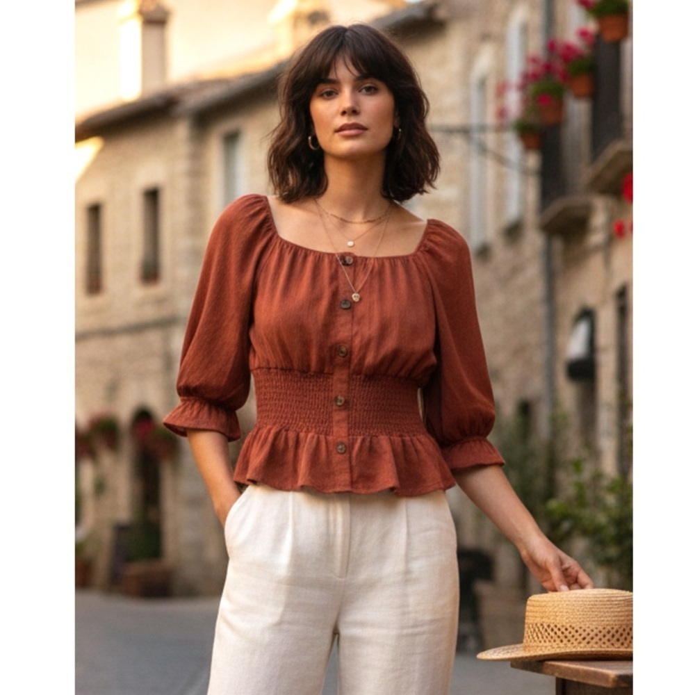 New MERAKI Orange Boho Blouse Women’s Top Button Accents Cinched Waist Sz M